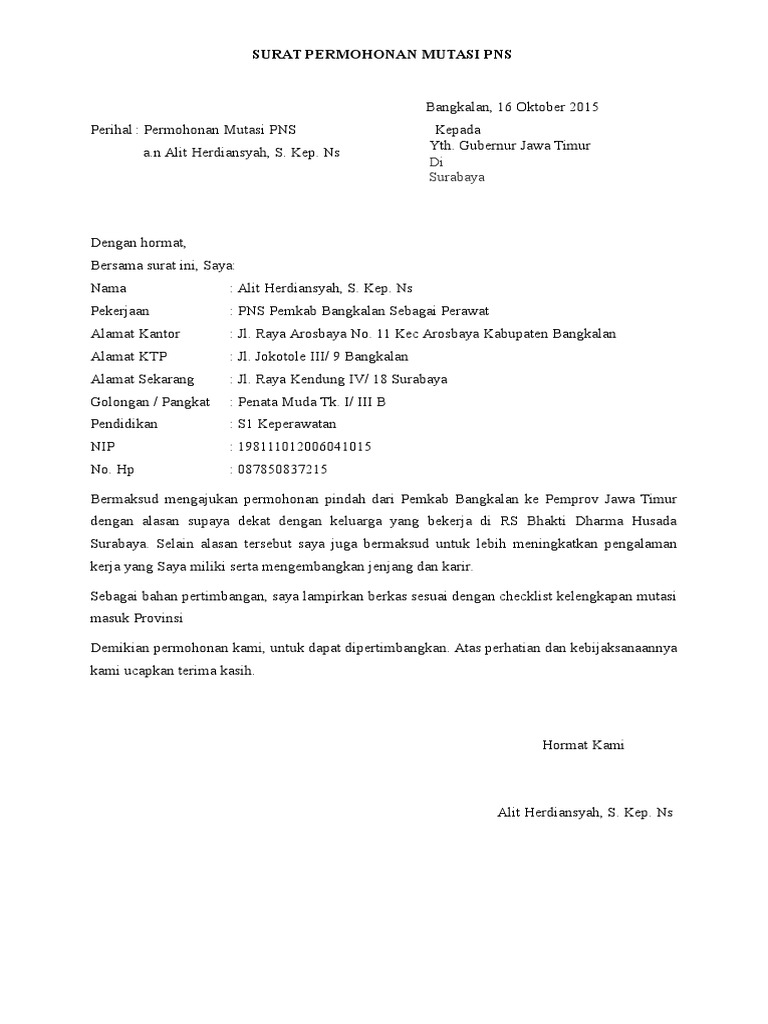 Surat Permohonan Mutasi Pns
