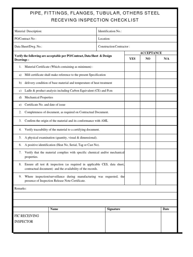 Steel Plate Receiving Inspection Checklist Pdf