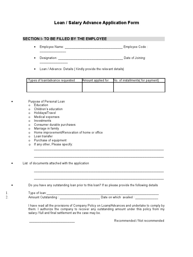 Employee Salary Advance Application Form | PDF | Cheque | Loans