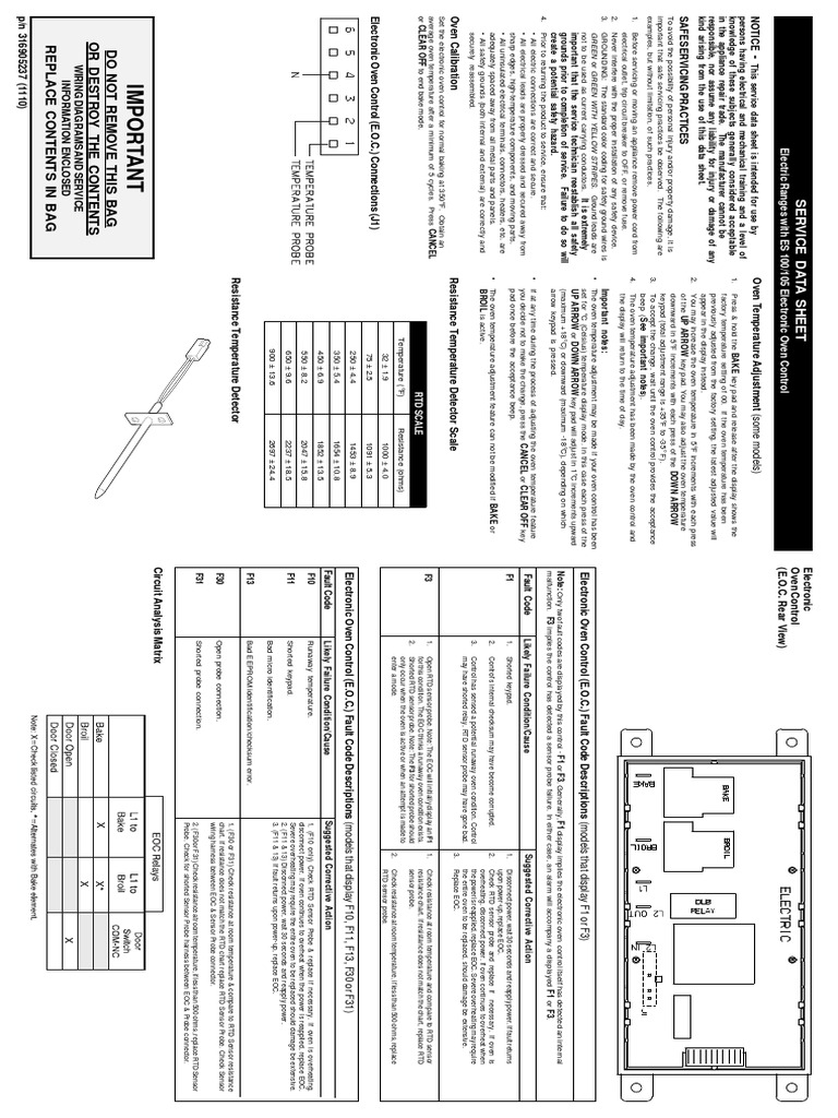 Frigidaire 30'' Freestanding Electric Range Service Data Sheet