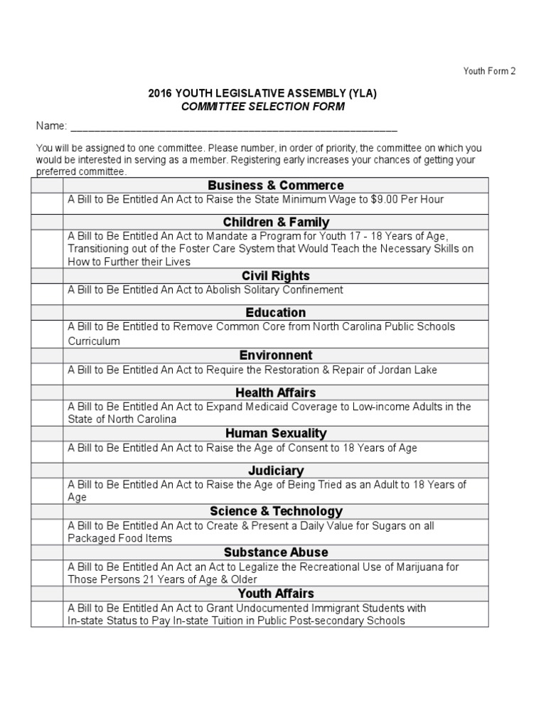 Youth Legislative Assembly Committee Form | PDF | Social Science
