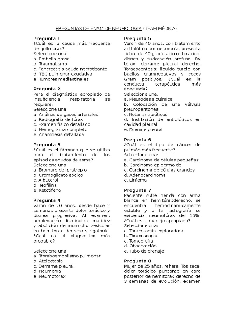 Preguntas De Enam De Neumologia Neumonia Especialidades Medicas