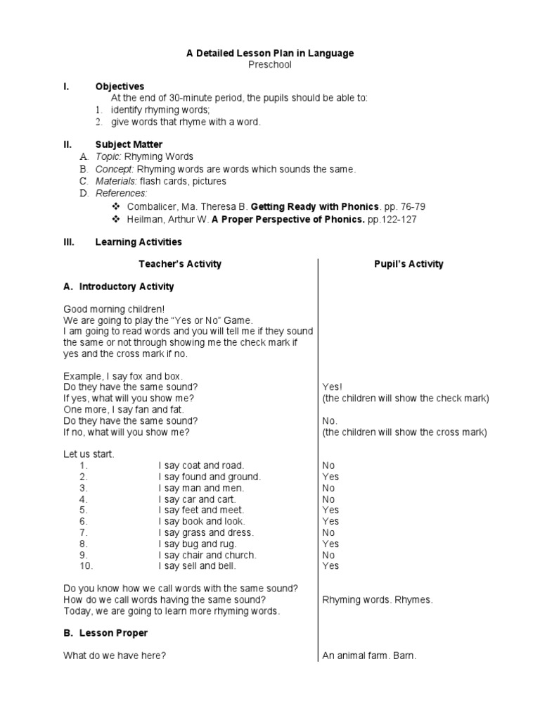 A Detailed Lesson Plan in Language | Phonics | Lesson Plan