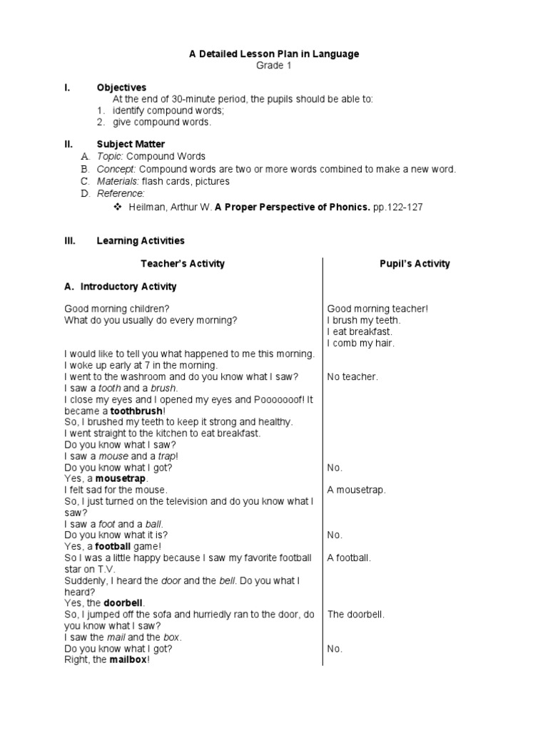 sample detailed lesson plan in english grade 1