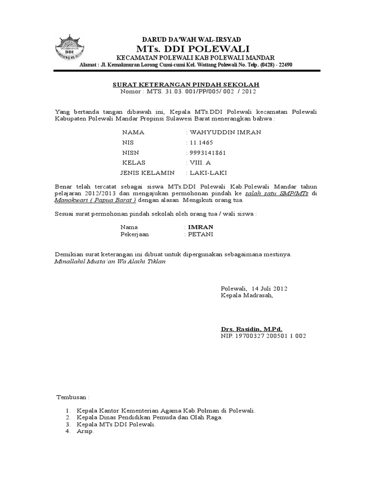 Contoh Surat Pernyataan Pindah Sekolah - Simak Gambar Berikut