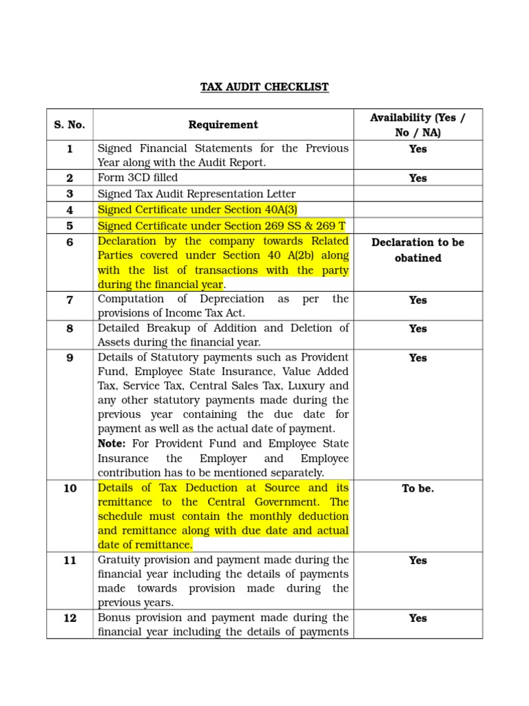 Tax Audit Checklist PDF Taxation Public Finance