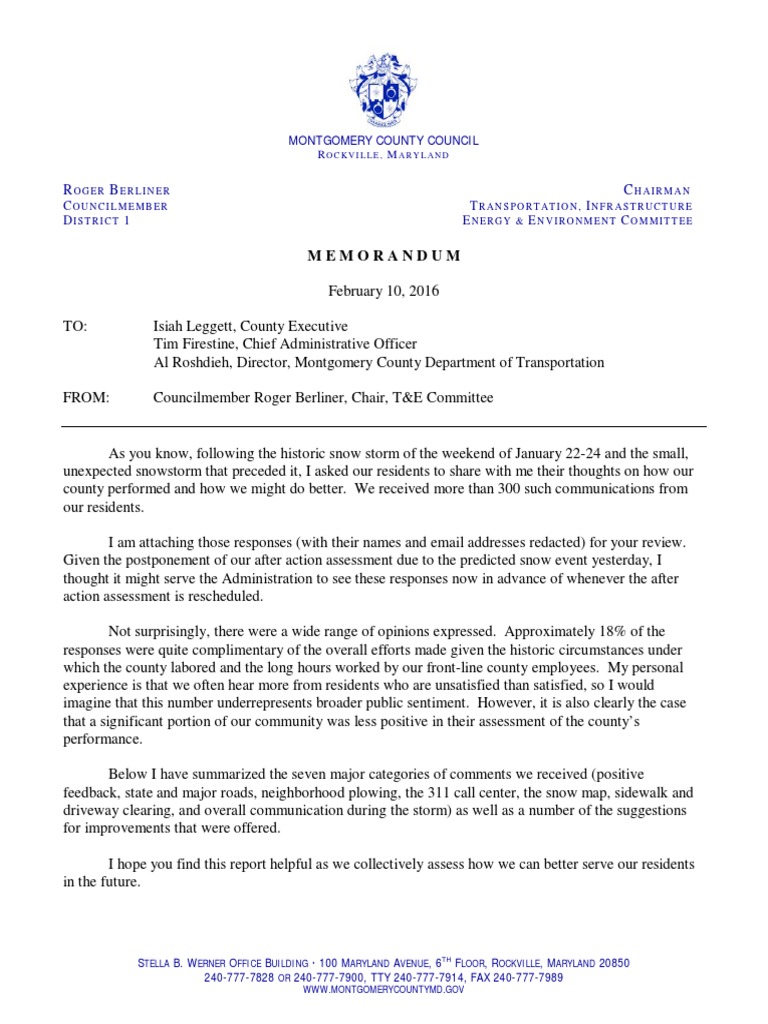 CM Berliner Memo On Snow Response | PDF | Snow | Sidewalk