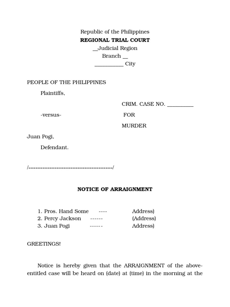 Notice of Arraignment Sample