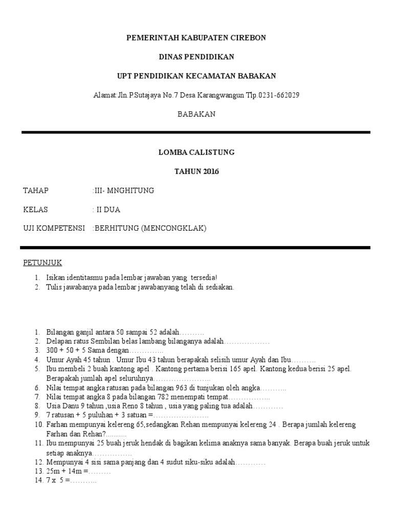 contoh soal calistung
