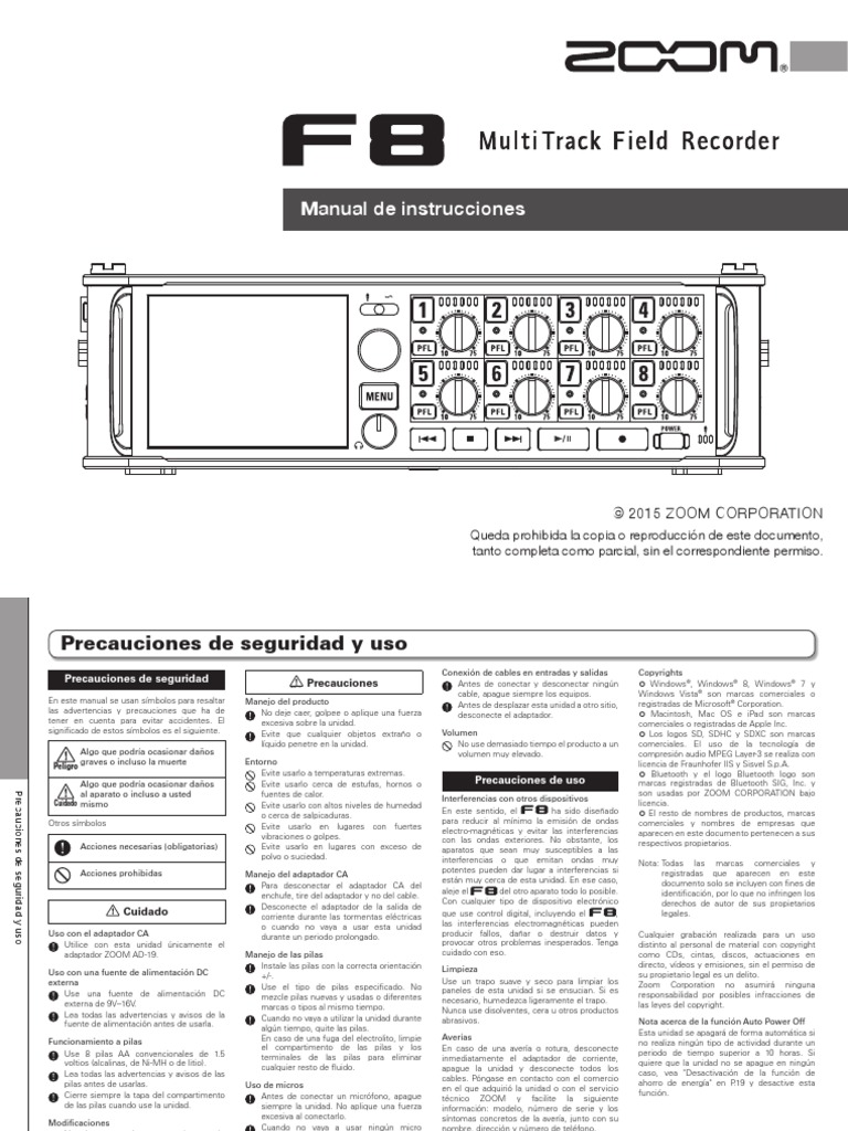 Zoom F8 Multitrack Field Recorder (Manual de Instrucciones) PDF Mp3