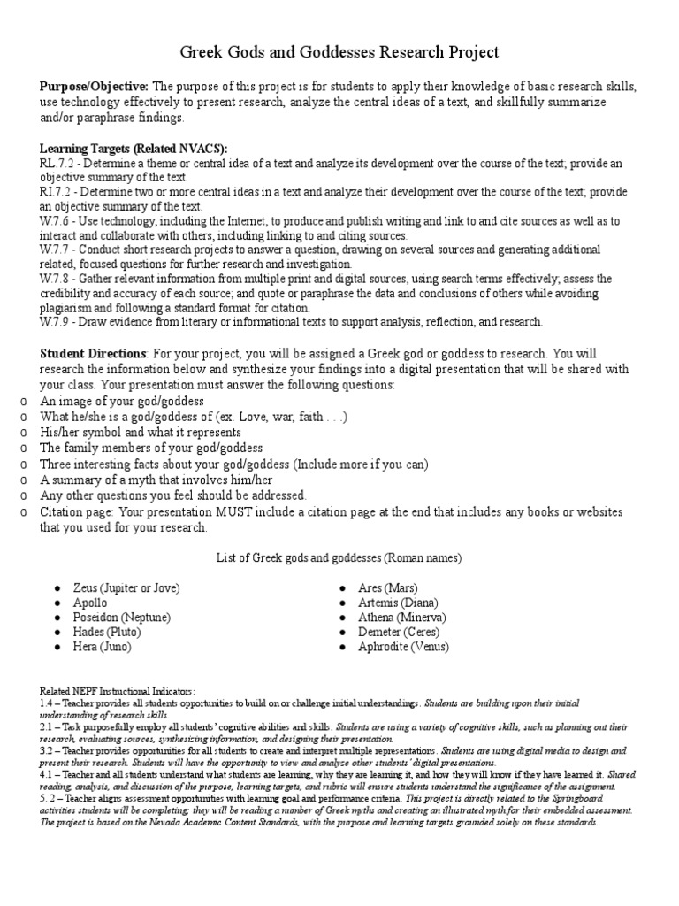 Greek Gods Research Project Guide | PDF | Reading Comprehension | Citation