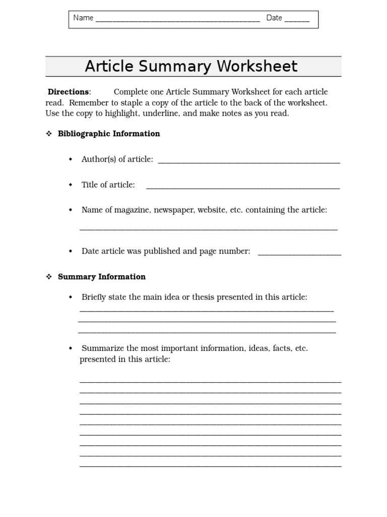 article summary worksheet pdf