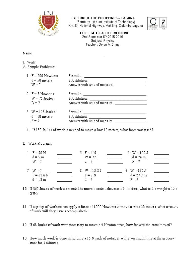 Worksheets Work Problems Worksheet Answers collection of work problems worksheet bloggakuten and power 1