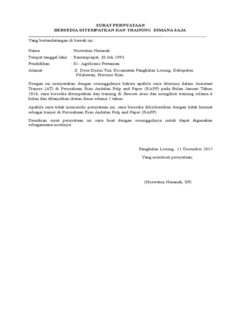 Contoh Surat Pernyataan Bersedia Ditempatkan Dimana Saja Atun