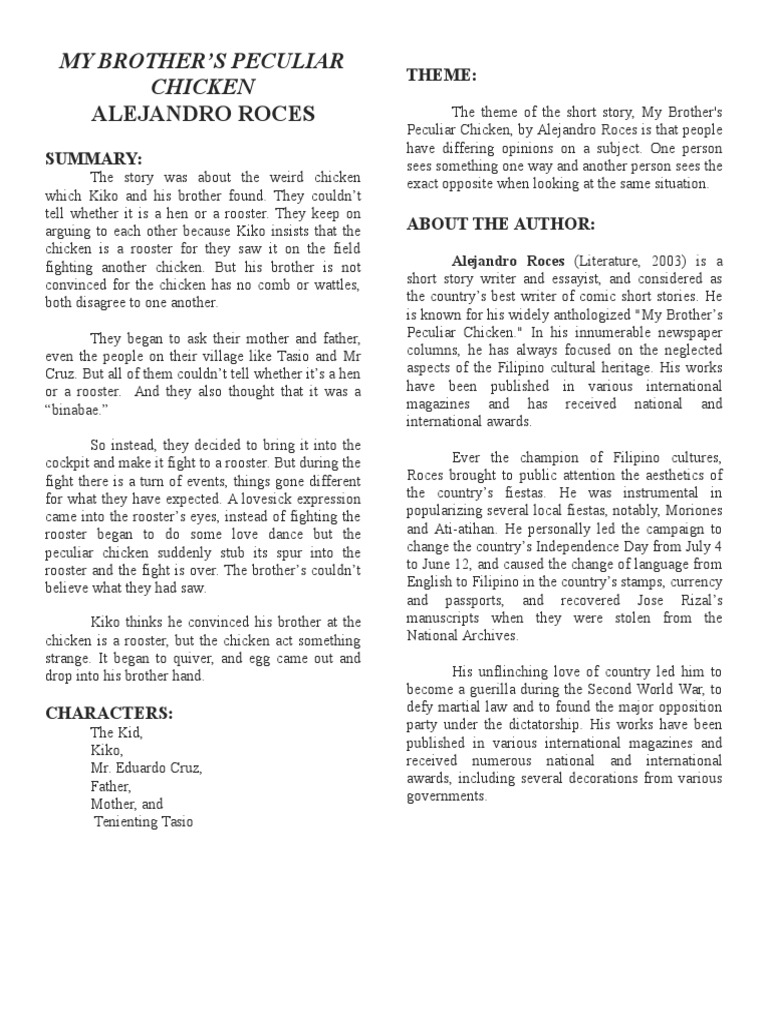 MY BROTHER’s PECULIAR CHICKEN by Alejandro Roces Chicken Fiction & Literature