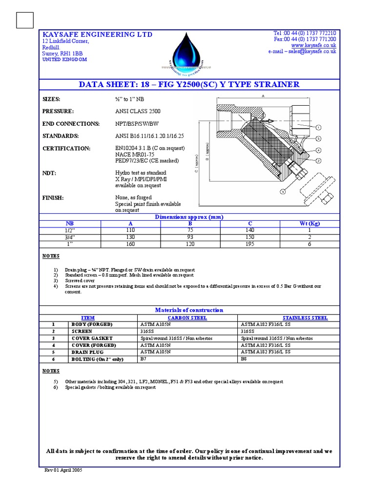Data Sheet 18 Fig Y2500 (SC) y Type Strainer PDF