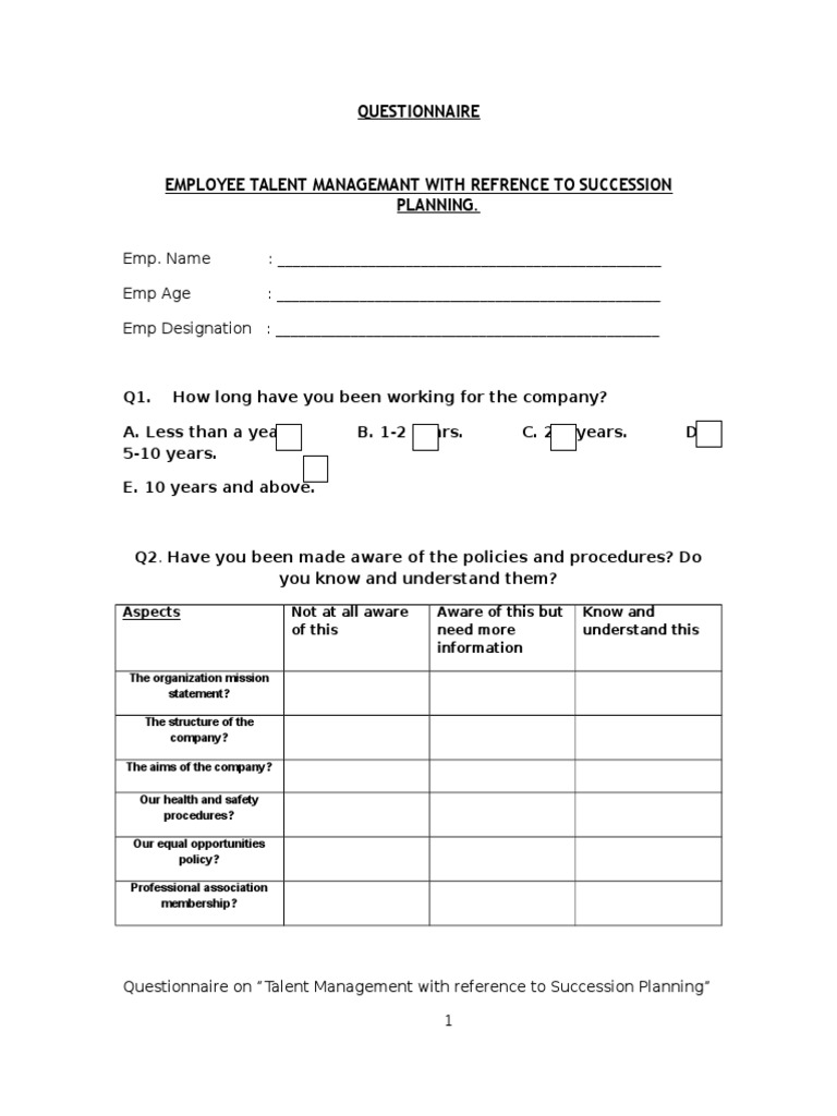 Talent Management Employee Questionnaire Pdf Employee Benefits
