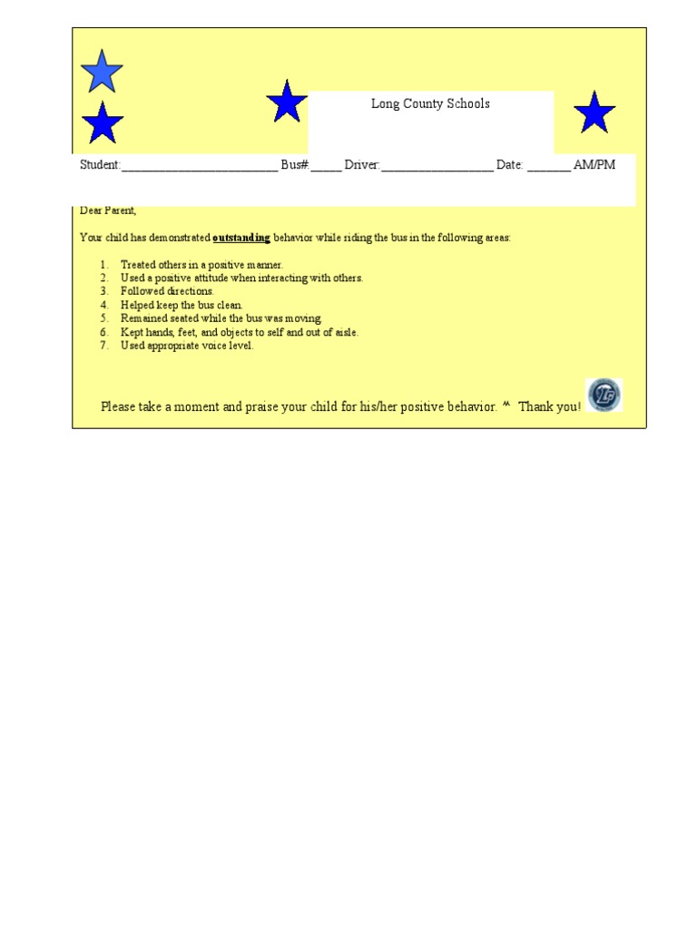 Positive Behavior Bus Note Template | PDF | Wellness
