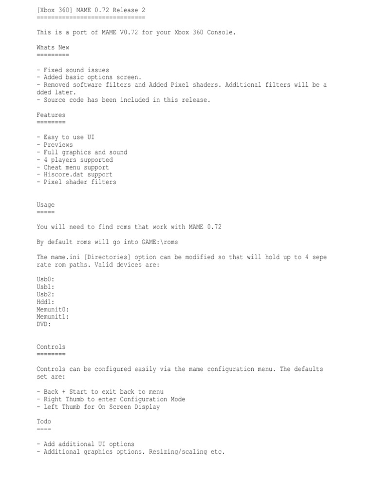 MAME 0.72 for Xbox 360 Release Notes | PDF | Computers