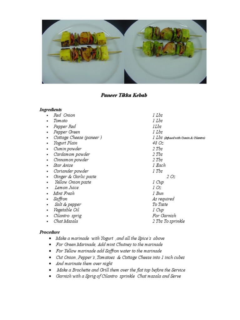 Paneer Tikka Kebab: Ingredients | PDF