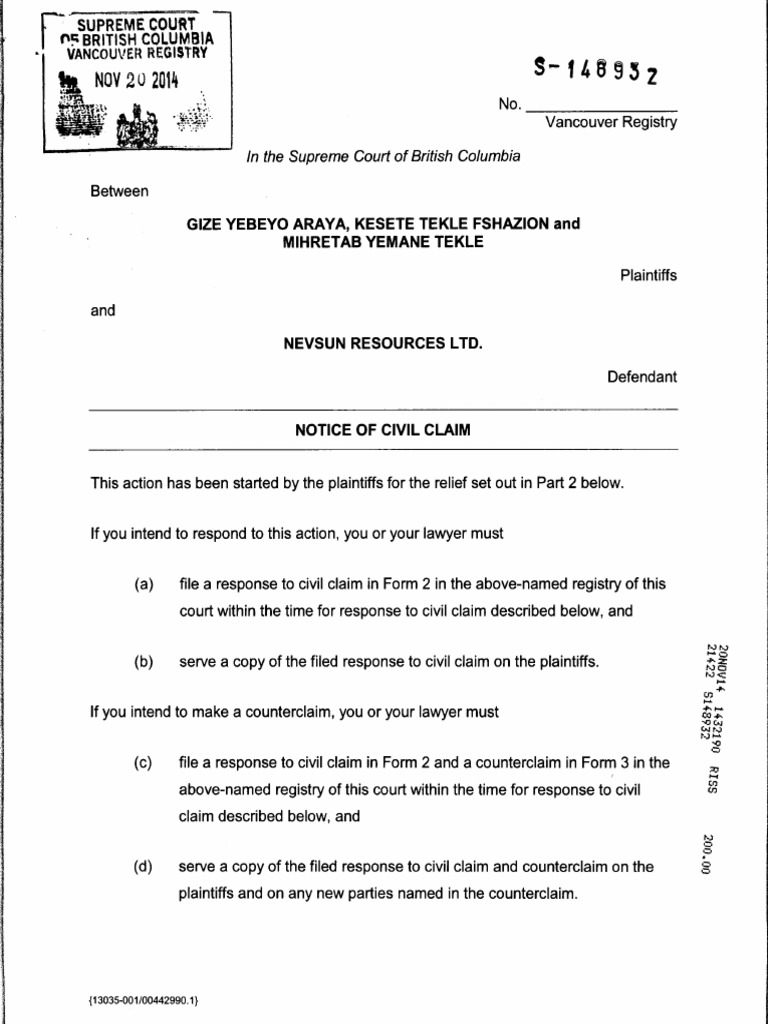 Notice Of Civil Claim Against Nevsun
