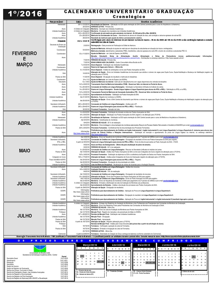 Calendario UnB 2016 - 1 | PDF | Science | Ciência (geral)