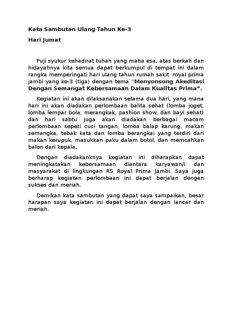 Kata Sambuta Direktur Ultah Rs