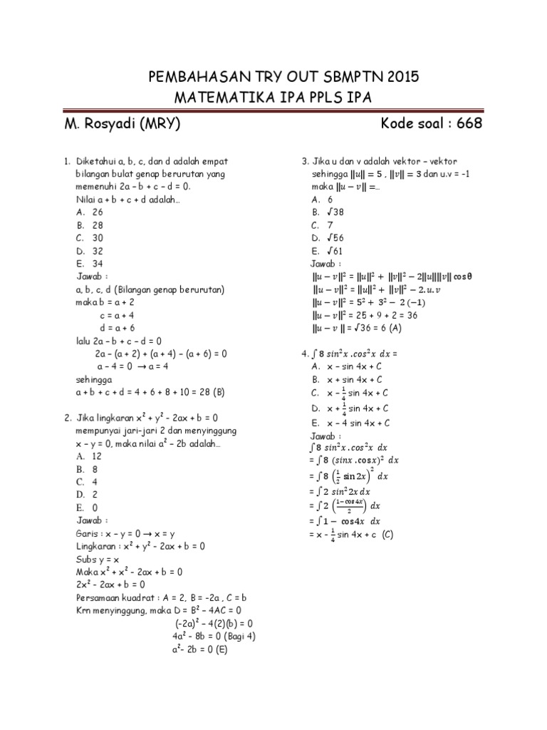 Pembahasan To 2 Sbmptn 2015 Matematika Ipa