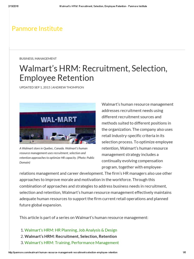 Walmart's HRM Recruitment, Selection, Employee Retention Panmore