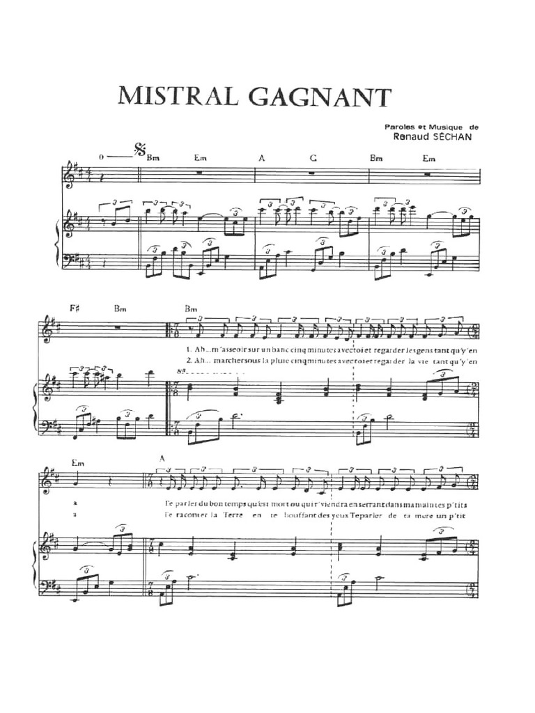 Partition Piano Renaud Mistral Gagnant | PDF | Chansons écrites |  Divertissement (Général)