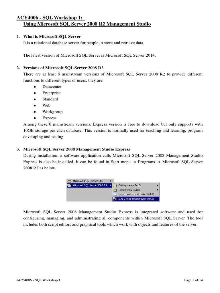 SQLworkshopPart1-using MS SQL Server Management Studio PDF | PDF ...
