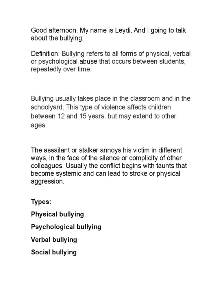 Types Physical Bullying Psychological Bullying Verbal Bullying Social