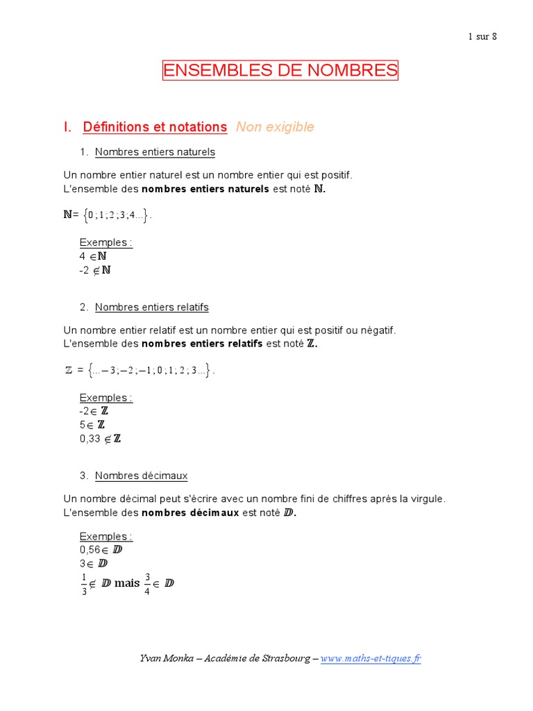 1 Ensembles Nombres Entier relatif Entier naturel