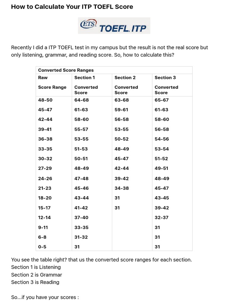 Calculate Your Itp Toefl Score Pdf | Pdf | Test Of English As A Foreign  Language | Standardized Tests
