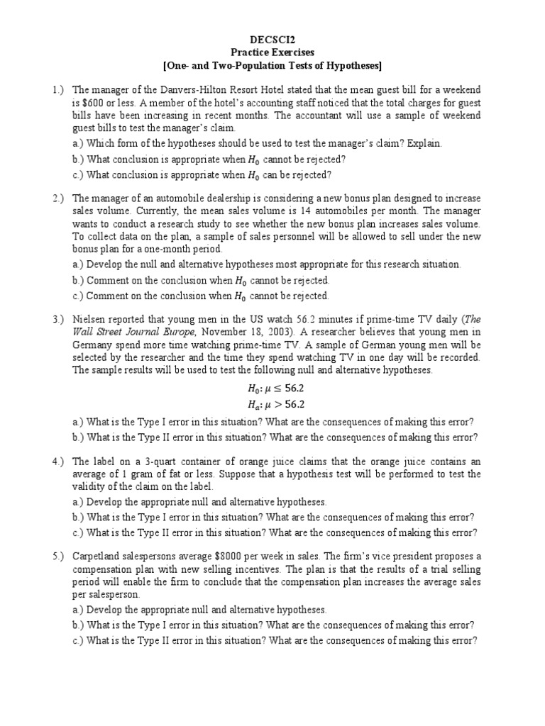 Practice Exercises for Test of Hypothesis Statistical Hypothesis Testing Null Hypothesis