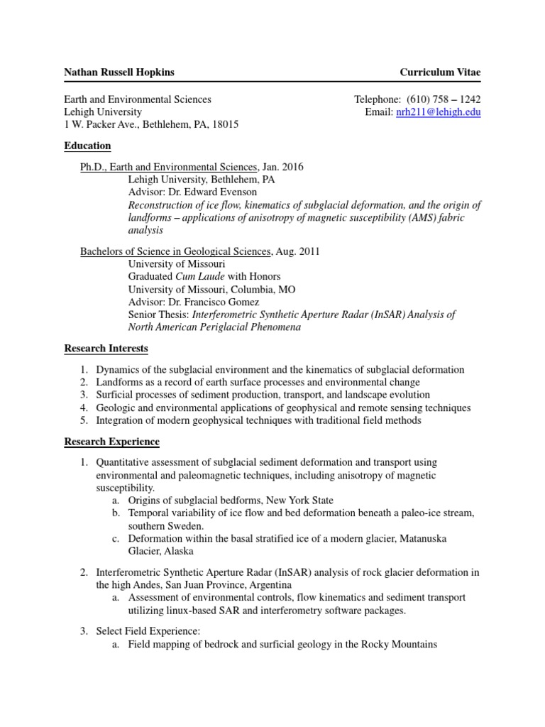 Nathan Hopkins: Earth Sciences CV | PDF | Glacier | Geology