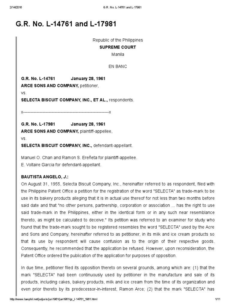 Arce Sons & Co Vs Selecta Biscuits PDF Lawsuit Appeal