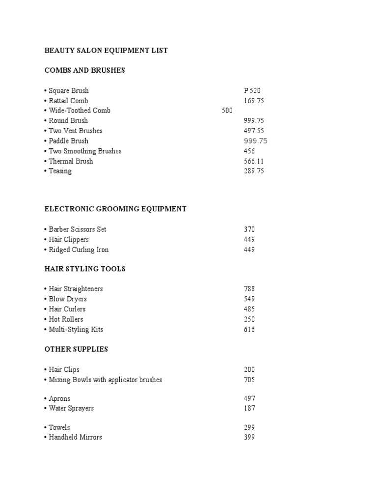 Beauty Salon Equipment List PDF Hairstyle Human Hair