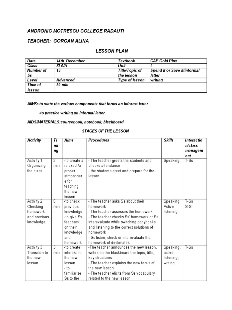 Informal Letter CAE Lesson Plan | PDF | Lesson Plan | Applied Psychology