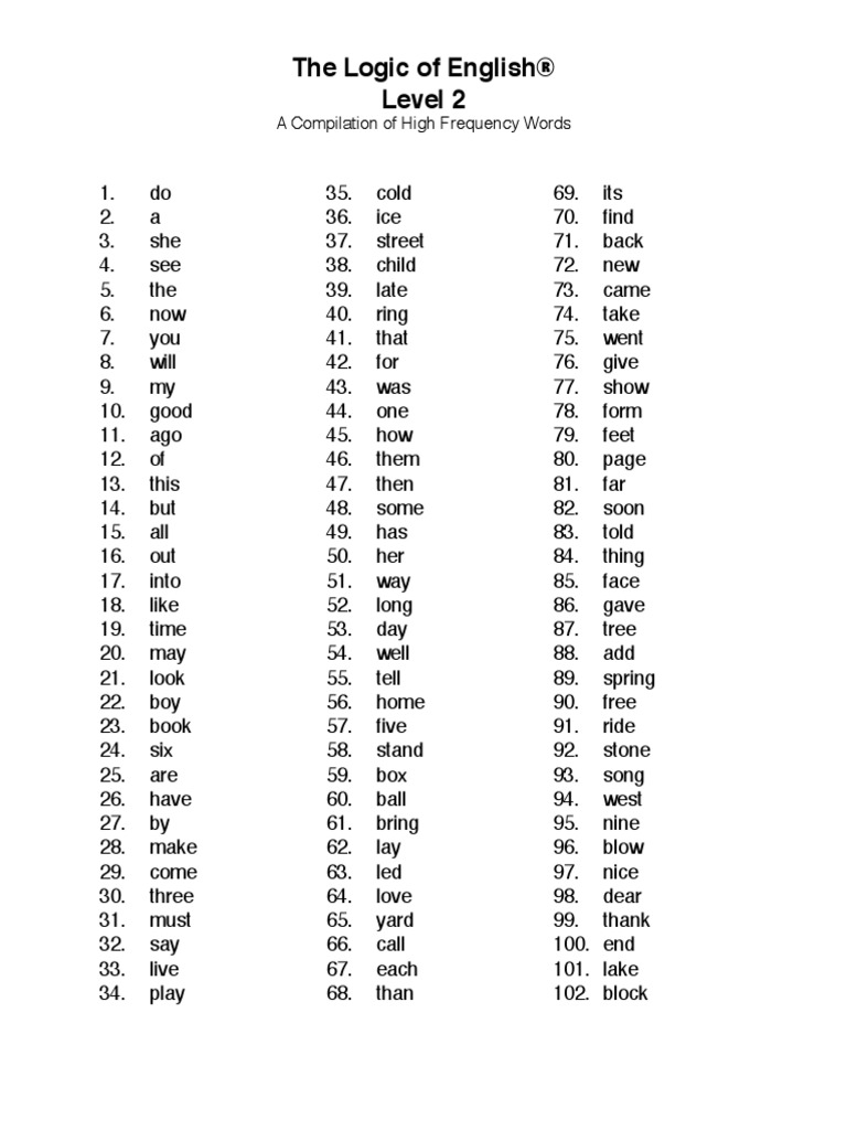 Logic of English High Frequency Word List Level 2 PDF