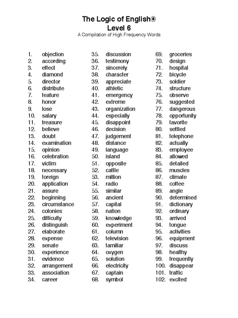 Logic of English High Frequency Word List Level 6 PDF Cognitive Science