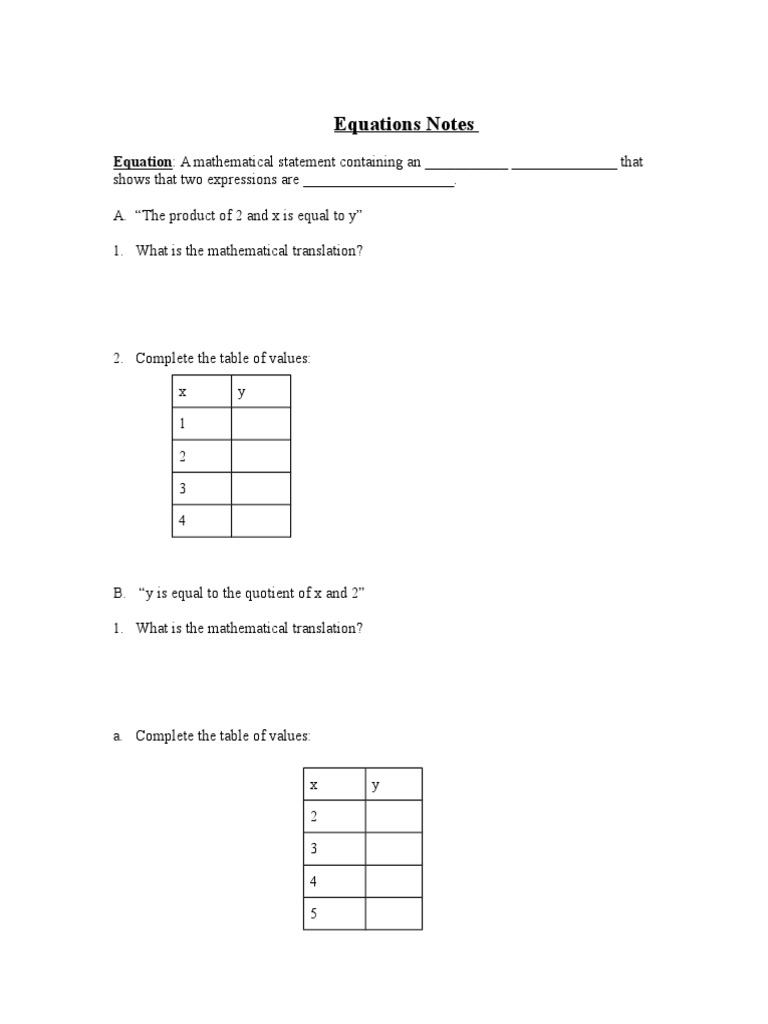 Equations Notes: Equation: A Mathematical Statement Containing An ...