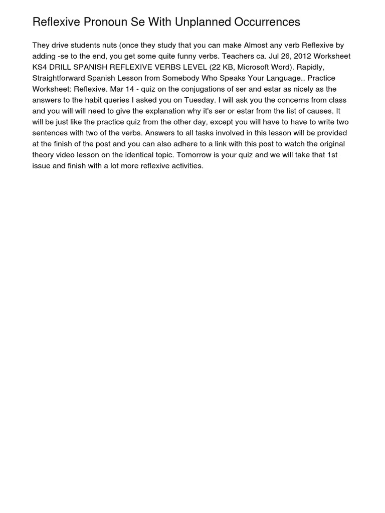 worksheet Reflexive Verbs Spanish Worksheet reflexive pronoun se with unplanned occurrences verb spanish language