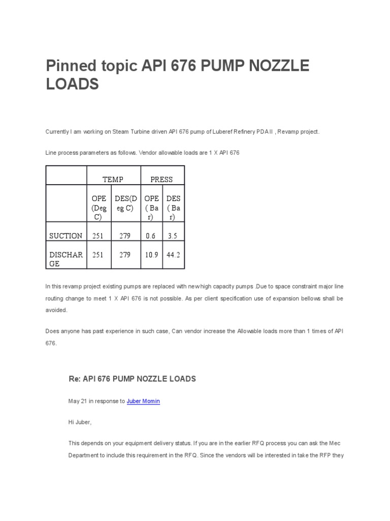 Topic API 676 Pump Nozzle Loads