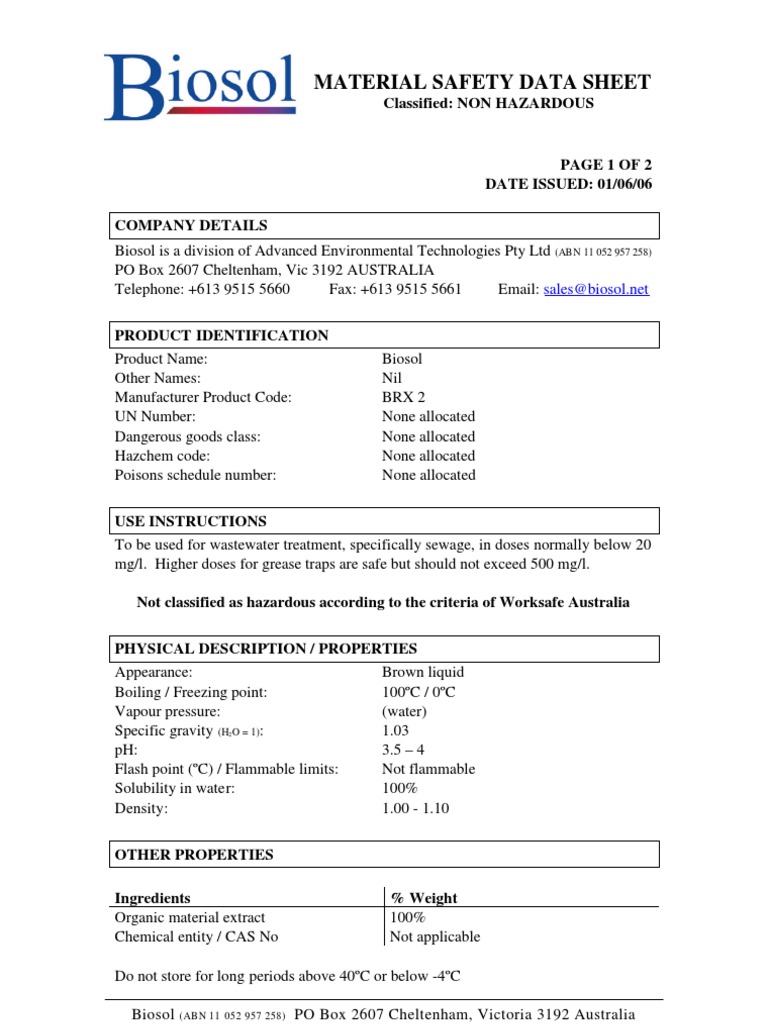 MSDS Water Occupational Safety And Health
