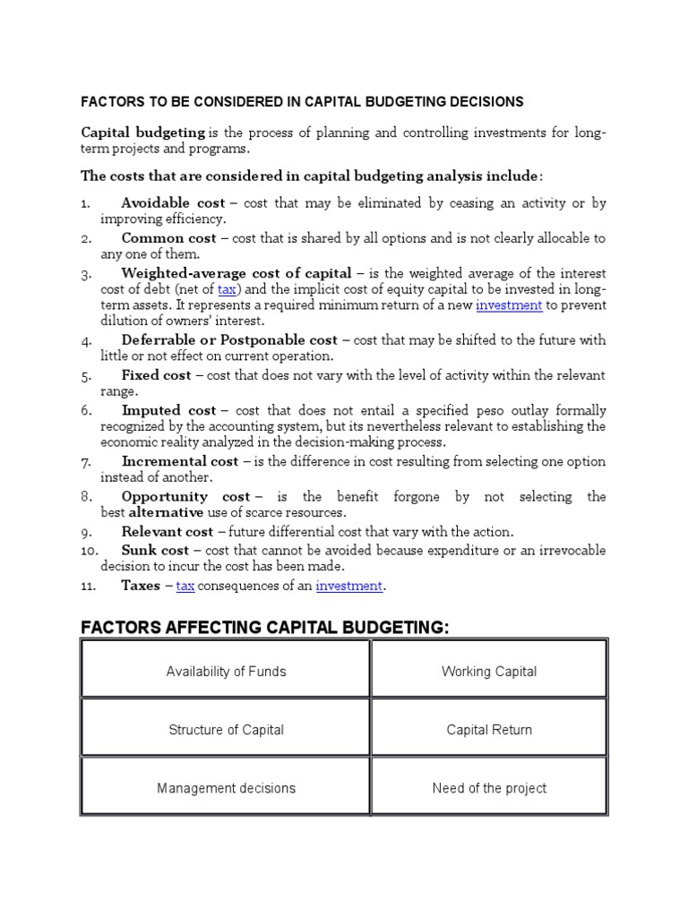 Factors To Be Considered in Capital Budgeting Decisions | PDF | Capital  Budgeting | Cost