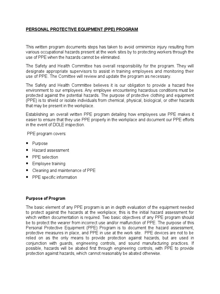 PPE Program... | Personal Protective Equipment | Employment