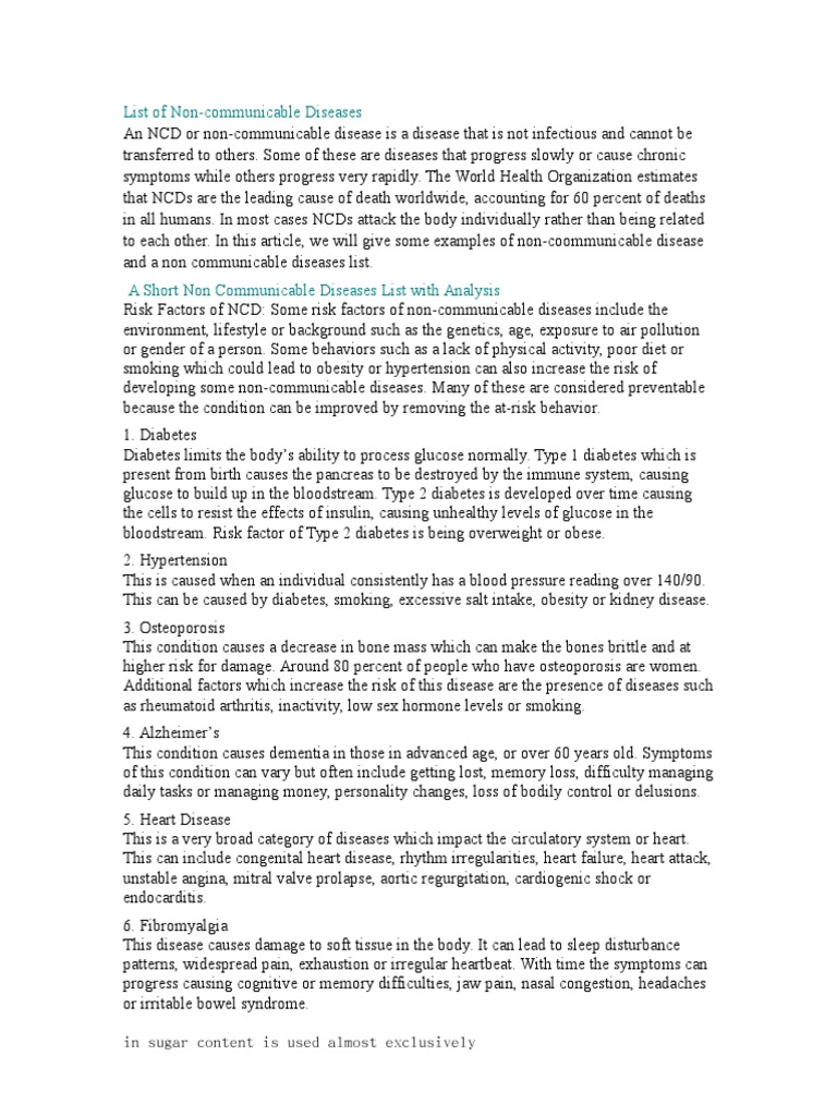 Overview of Non-Communicable Diseases | PDF | Non Communicable Disease ...
