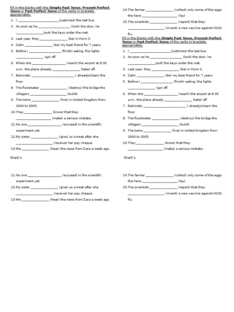 Tenses Exercise: Past and Perfect Forms | PDF | Grammatical Tense ...