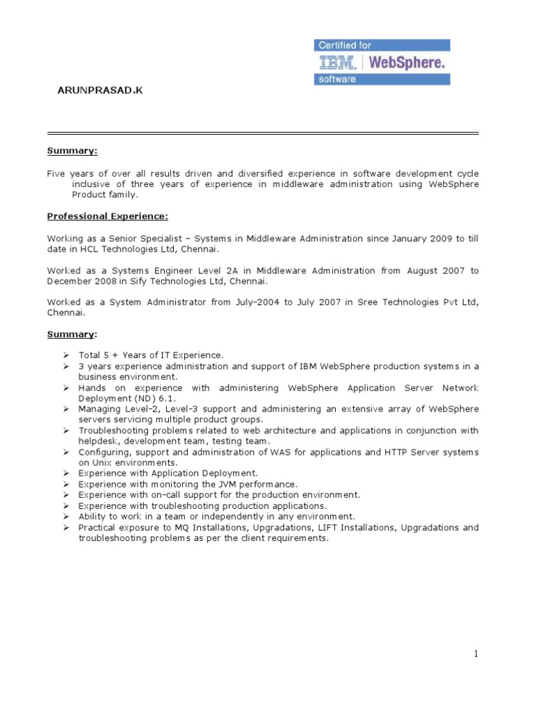 WebSphere Middleware Admin Resume | PDF | Ibm Db2 | Operating System